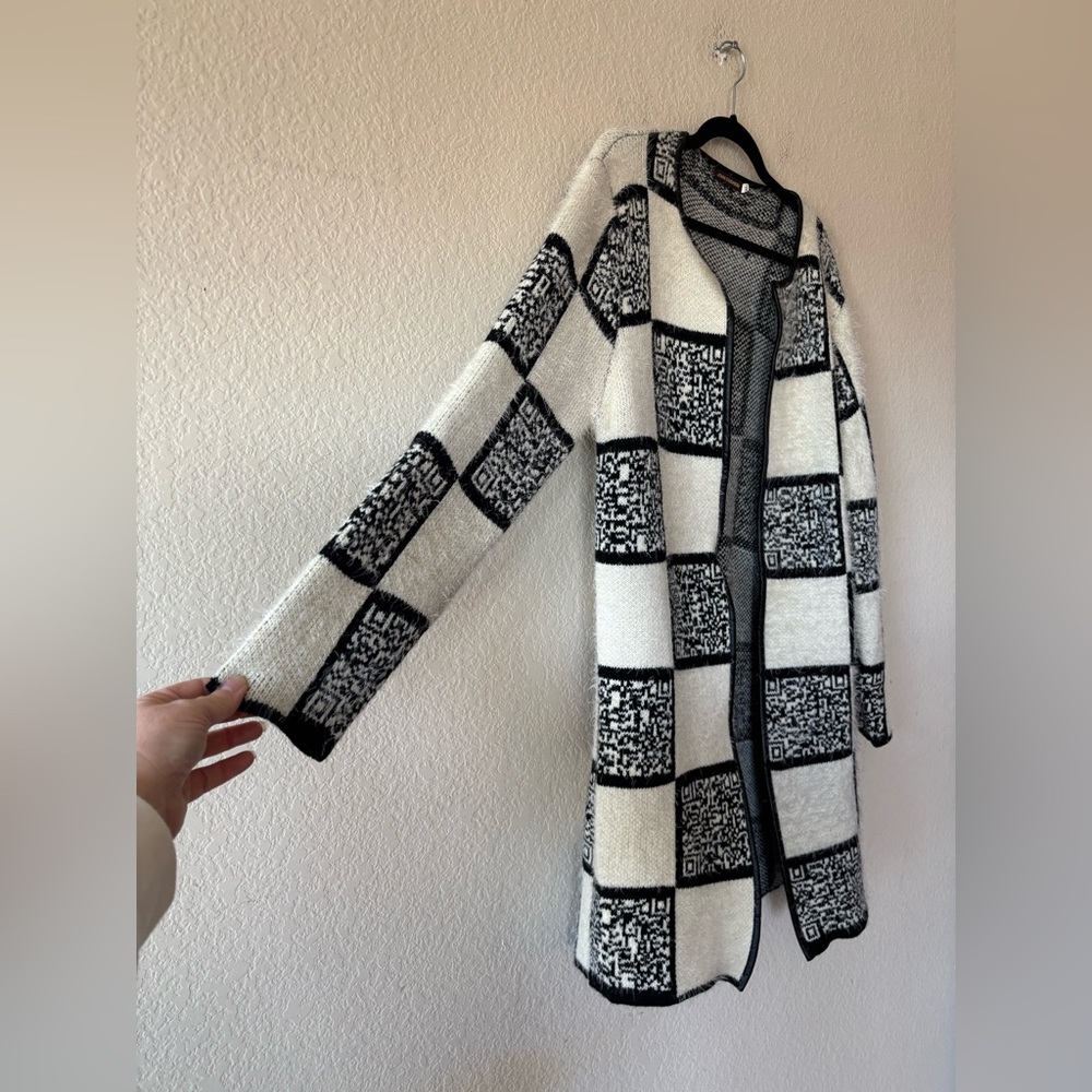 John Fashion‎ Cardigan Womens XL Checkerboard Fuzzy Wool Blend Hook N Eye - Picture 10 of 11